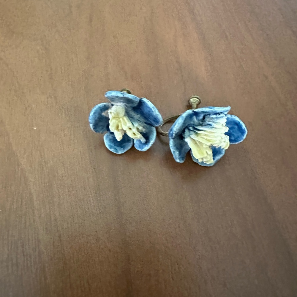 Blue and Cream Floral Clip-On Earrings